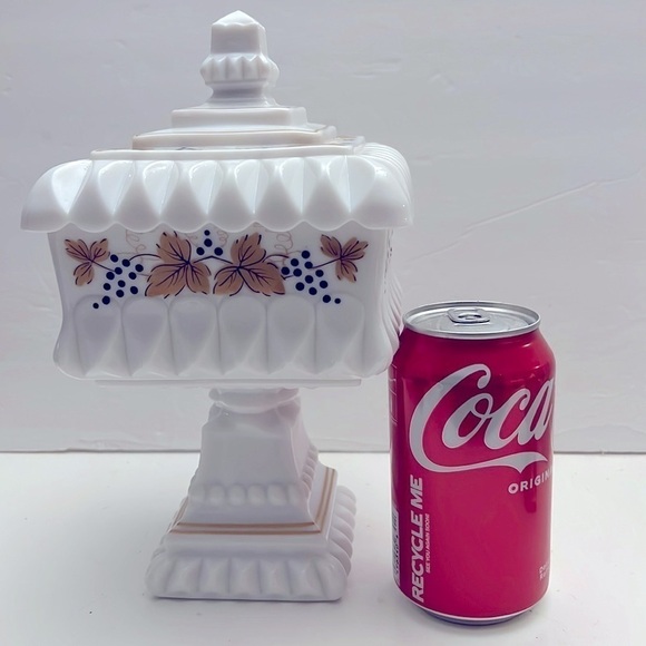 Vintage Milk Glass Large Covered Compote Handpainted Grape Leaves - Picture 10 of 12